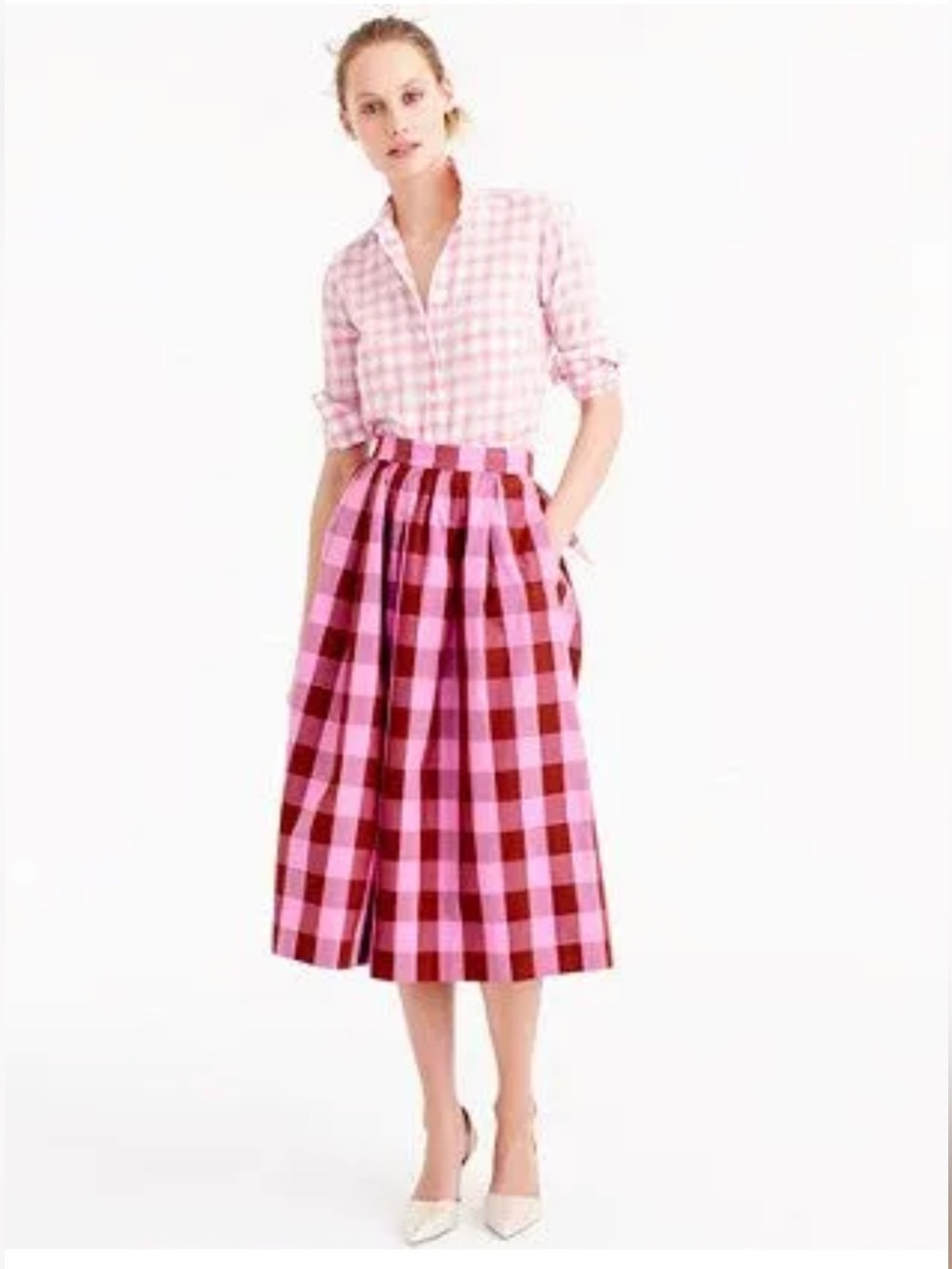 J Crew pink gingham pleated midi skirt size 00